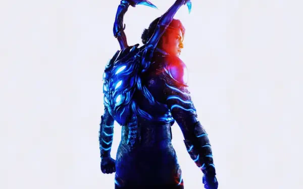 Blue Beetle in luminous scarab armor, standing with back turned and vivid rim lighting — high-detail 4K Ultra HD PC desktop wallpaper and background.