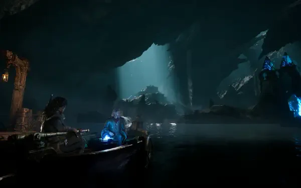 HD PC desktop wallpaper from the video game Echoes of the End: characters in a small boat drift through a dim cavern lit by blue crystals and distant beams of light.