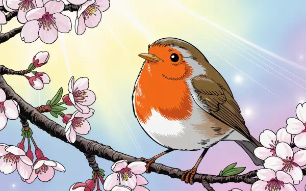 Illustrated robin with an orange breast perched on a cherry blossom branch against a soft pastel sky — 4K Ultra HD PC desktop wallpaper and background.
