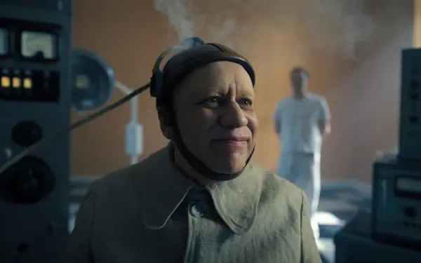 Uncle Fester from the TV show Wednesday in a dim lab, steam rising around his head — 4K Ultra HD PC desktop wallpaper and background.