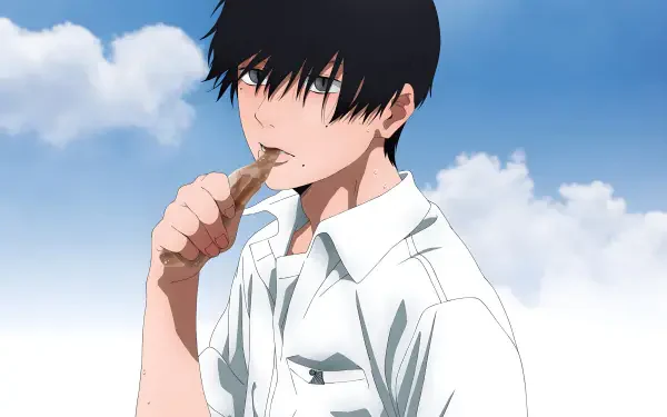 4K Ultra HD PC desktop wallpaper of Tsujinaka Yoshiki (The Summer Hikaru Died): dark-haired student in a white shirt eating a chocolate bar under a blue sky with clouds.