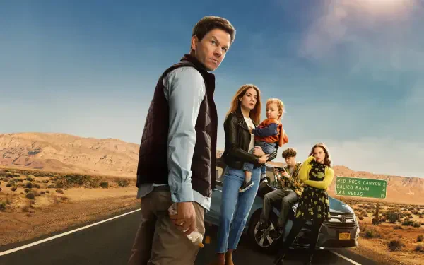 The Family Plan — 4K Ultra HD PC Desktop Wallpaper and Background: family group on a desert highway beside a car and motorcycle, adults and kids under a dramatic sky.