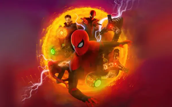Spider-Man: No Way Home 4K Ultra HD PC desktop wallpaper and background — Spider-Man swings toward viewer through a glowing orange portal as Doctor Strange and masked figures loom amid lightning.