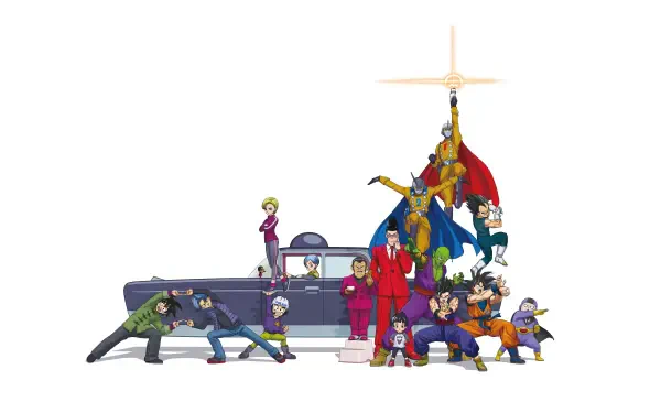 Dragon Ball Super: Super Hero cast posed around a limo in a colorful ensemble, presented as an 8K Ultra HD PC desktop wallpaper and background.