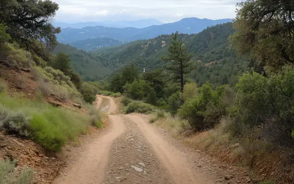 4K Ultra HD PC desktop wallpaper and background of an OHV trail: winding dirt road through green foothills and pines, distant mountains fading into blue haze under a cloudy sky.