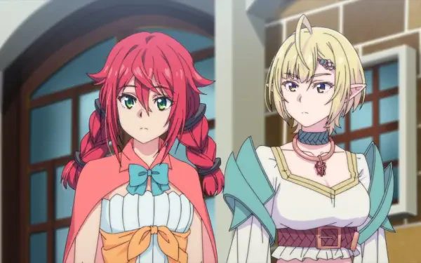 HD PC wallpaper from the anime Tsuyokute New Saga showing two women in a hall: a red-haired, braided heroine in a cape and ribboned dress, and a blonde elf with a circlet, choker, and layered gown.