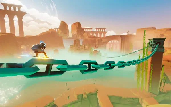 HD PC desktop wallpaper and background for the video game Sword of the Sea: a lone warrior runs across a turquoise chain bridge spanning misty sea-ruins beneath a glowing orange sky.