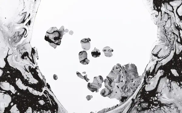 Black-and-white abstract Radiohead album cover artwork with marbled ink shapes and high-contrast negative space, HD PC desktop wallpaper/background.