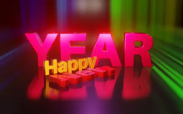 3D HD PC desktop wallpaper: bold pink YEAR with smaller yellow Happy in front on a glossy reflective surface with neon green, blue and red light streaks — New Year greeting.