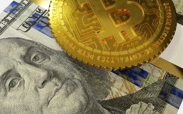 HD PC desktop wallpaper: close-up of a golden bitcoin coin resting on a US dollar banknote, mixing digital currency and paper money imagery for a money/currency background.