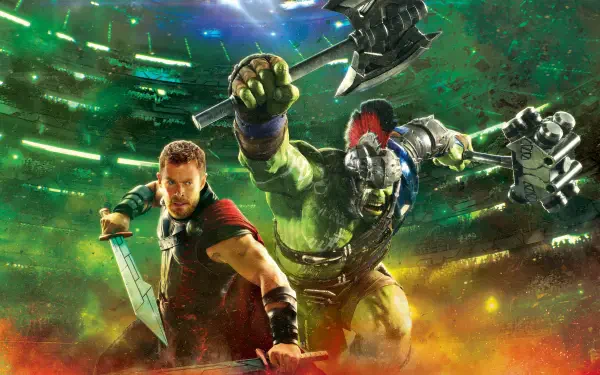 Thor: Ragnarok HD PC desktop wallpaper showing Thor brandishing a sword beside armored gladiator Hulk swinging an axe in a neon-lit arena with explosive colors