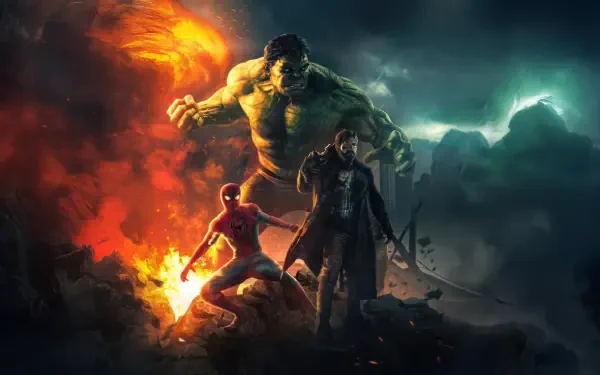 Spider-Man: Brand New Day 4K Ultra HD PC desktop wallpaper — Spider-Man, Hulk and a cloaked ally stand amid fiery rubble and stormy skies.