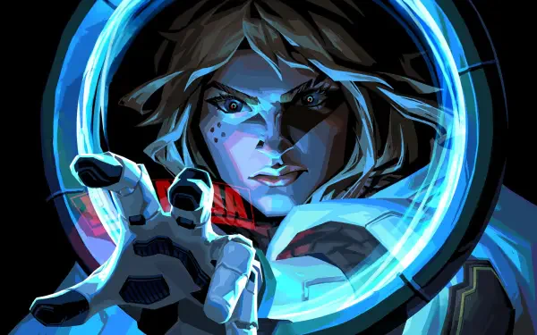 HD PC desktop wallpaper of Deadlock (Valorant) from the video game Valorant: hooded agent reaches through a glowing blue ring, intense gaze and outstretched hand.