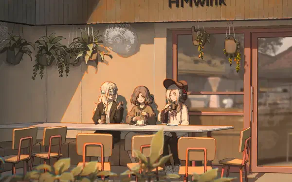 4K Ultra HD desktop wallpaper of three game maidens — Dark Souls' Fire Keeper, Bloodborne's Plain Doll, and Elden Ring's Melina — seated at a sunlit café table in soft anime style.