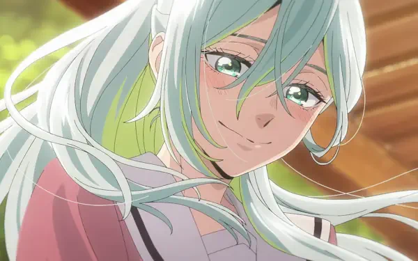 Anime HD desktop wallpaper of Subaru Hoshina from The Fragrant Flower Blooms With Dignity, smiling with wind-tousled mint hair and soft green eyes against a warm sunlit wooden background.