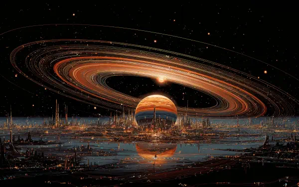 Sci Fi 4K Ultra HD PC desktop wallpaper and background: a ringed gas giant rises above a neon-lit futuristic city of spires reflected in dark waters beneath a starry sky.
