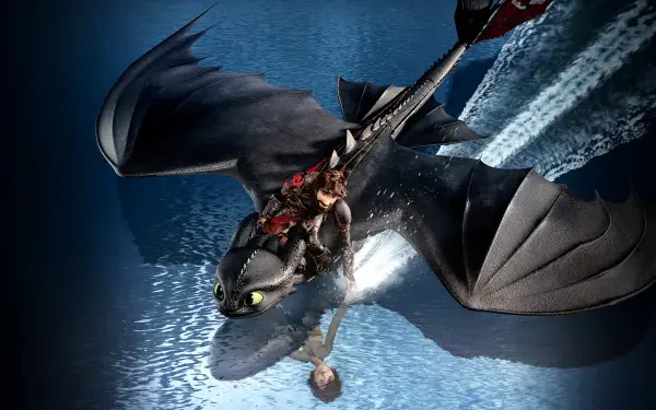 How to Train Your Dragon: The Hidden World — 4K Ultra HD PC desktop wallpaper/background: Hiccup aboard Toothless soaring over shimmering blue water.