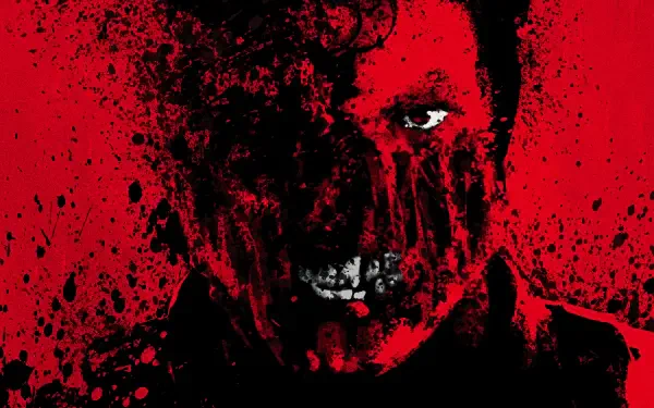 Overlord (2018) 4K Ultra HD PC desktop wallpaper: blood-red splattered portrait of a half-decayed face with one white eye and exposed teeth.