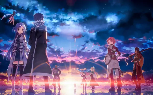 Sword Art Online 4K Ultra HD PC desktop wallpaper/background: main cast stand on reflective water beneath a glowing sunset, vivid clouds and a dramatic, light-filled horizon.