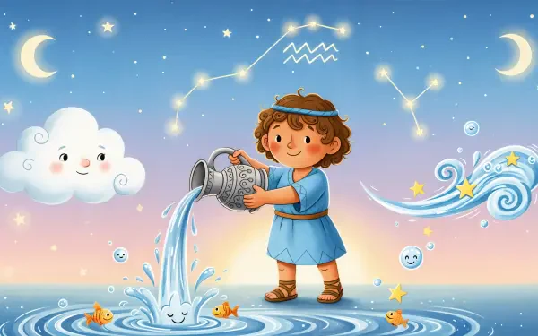 Whimsical Aquarius (Astrology) 4K Ultra HD PC desktop wallpaper: child pouring water from a jug amid stars, constellations, moons and smiling clouds.