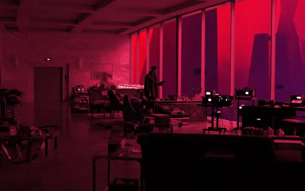 HD PC desktop wallpaper from the movie Blade Runner 2049: neon-red office interior, silhouetted figures and retro-futuristic desks framed by tall windows.