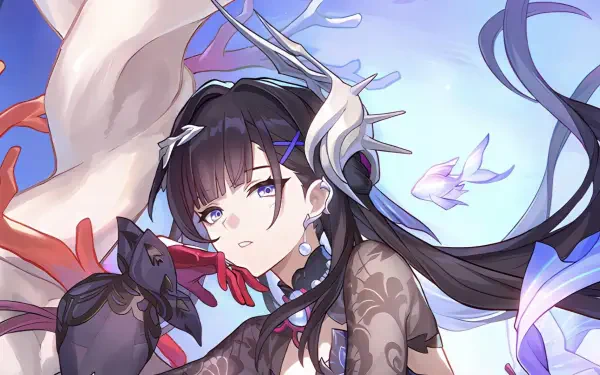 Honkai: Star Rail video game HD PC desktop wallpaper featuring Hysilens — portrait in ornate black lace, flowing dark hair, horn-like headpiece and pastel aquatic motifs.