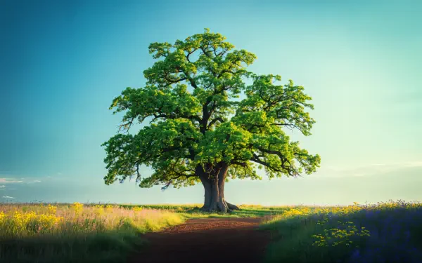 4K Ultra HD PC Desktop Wallpaper and Background: a solitary, sprawling green tree in a sunlit meadow, a dirt path leading to it beneath a clear turquoise sky.