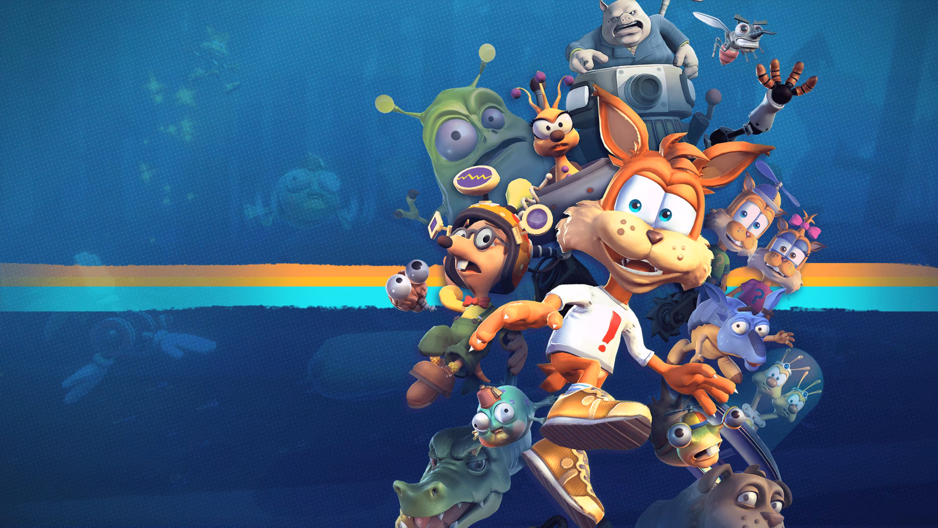 4K Ultra HD PC desktop wallpaper and background for the video game Bubsy: Paws on Fire! showing Bubsy front and center with colorful supporting characters on a blue backdrop and rainbow stripe.
