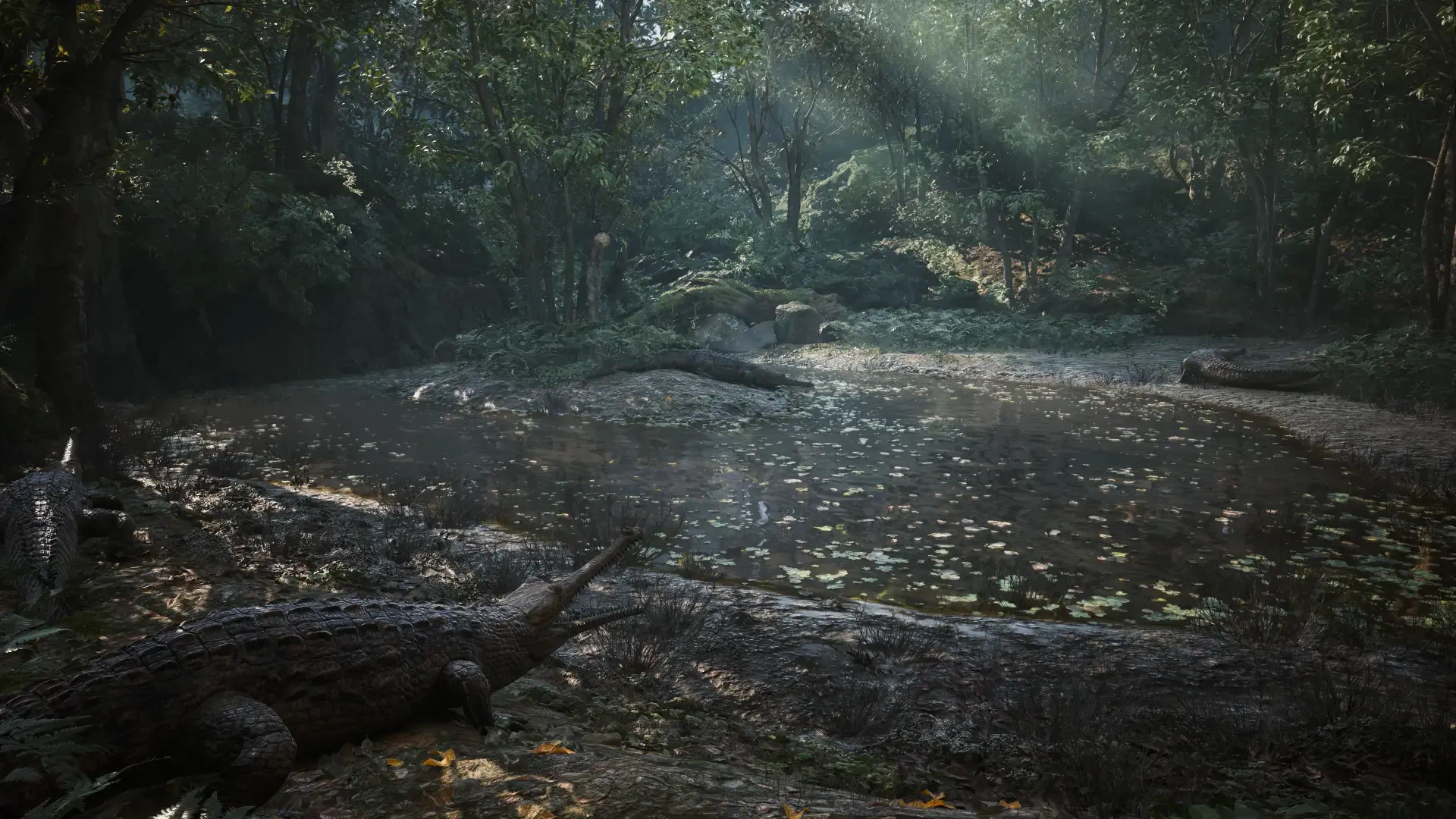 4K Ultra HD PC desktop wallpaper: Metal Gear Solid Δ: Snake Eater swamp — misty jungle pool with dappled sunlight and a crocodile at the water's edge.