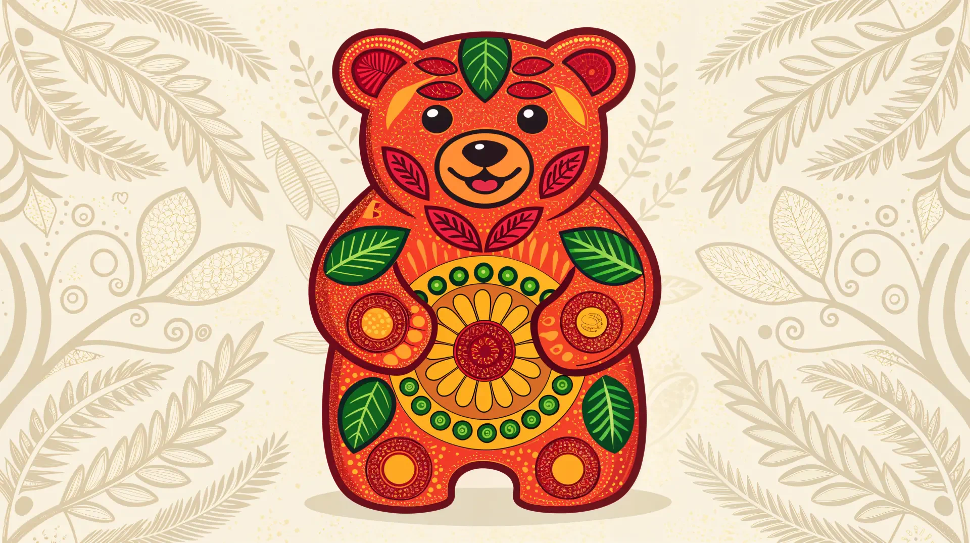 Folk-art orange bear decorated with flowers and green leaves on a cream, leafy patterned backdrop — 4K Ultra HD PC desktop wallpaper and background.