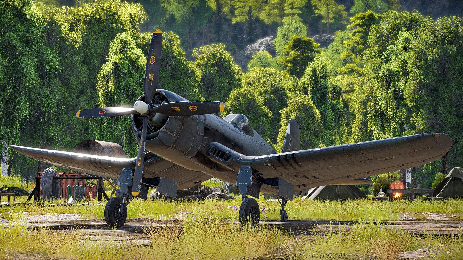 HD PC desktop wallpaper from the video game Aces of Thunder featuring a Vought F4U Corsair on a grassy airstrip with a lush jungle backdrop.