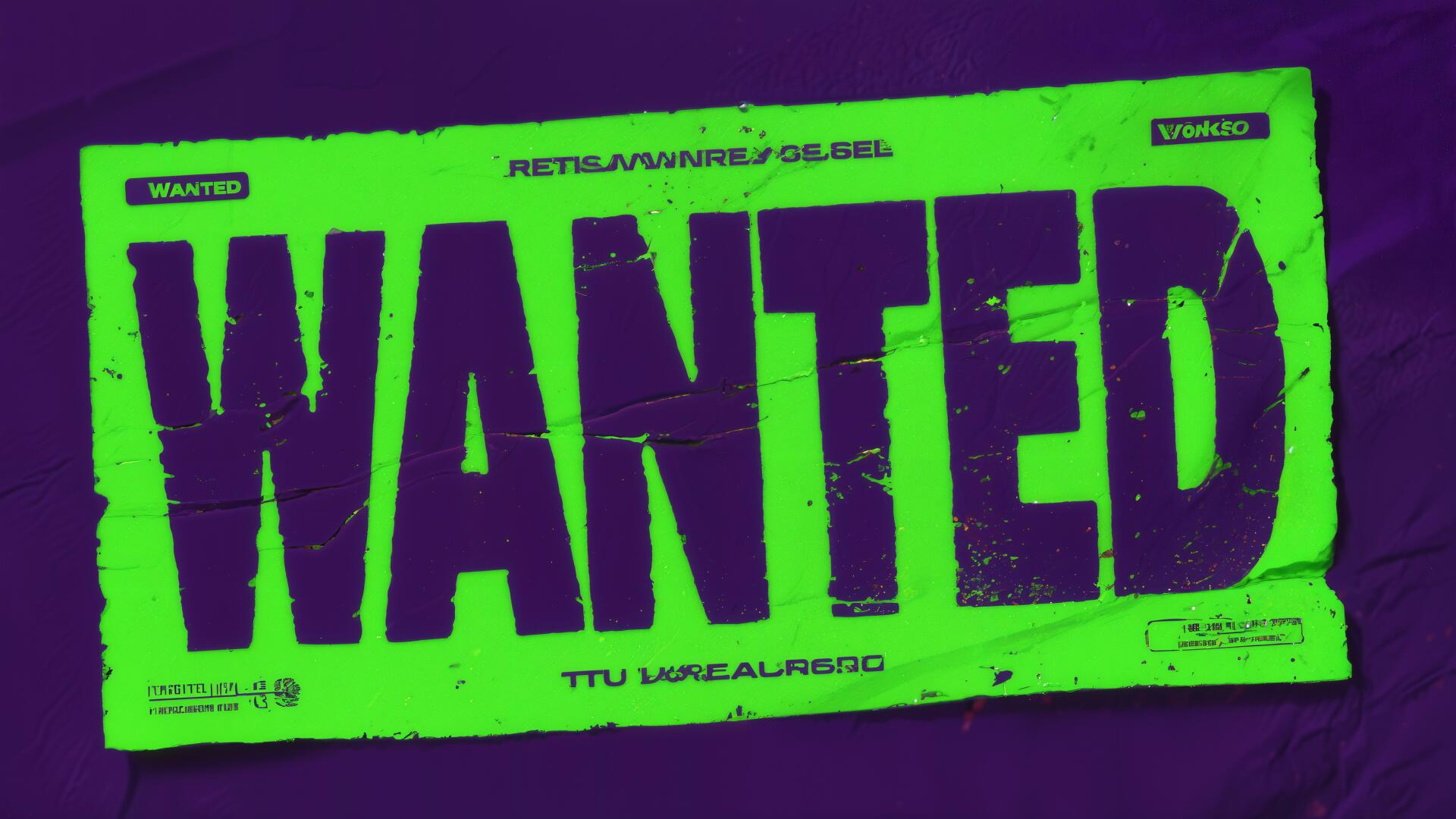 4K Ultra HD PC desktop wallpaper and background: neon green-on-purple grunge wanted poster graphic with bold distressed WANTED text.