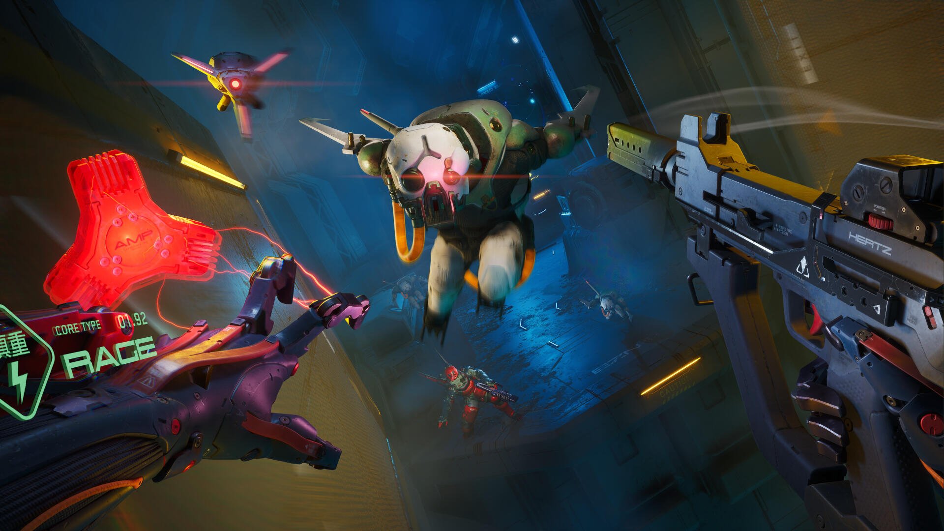 POV ambush in Metal Eden video game — 4K Ultra HD PC wallpaper of a player-held rifle engaging charging robotic drones amid neon, high-speed urban combat.