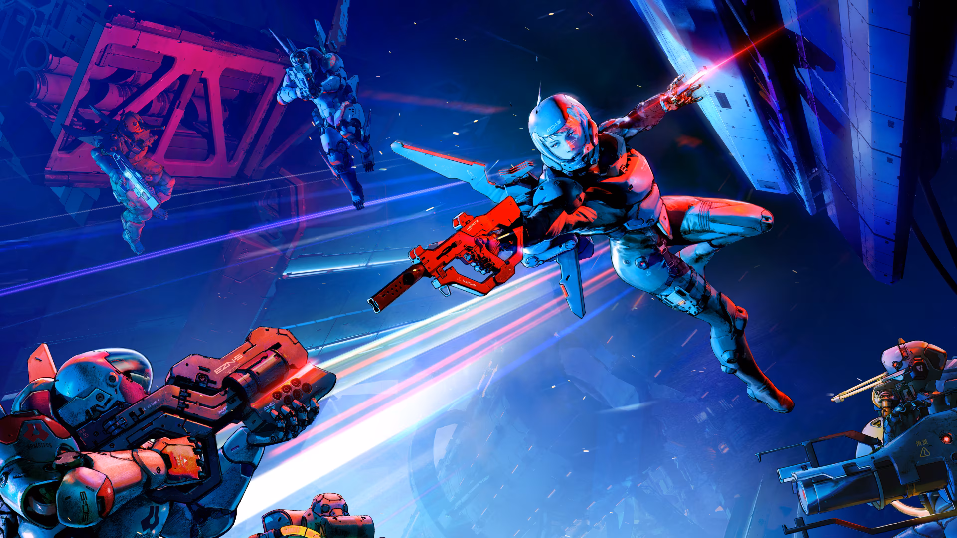 4K Ultra HD PC desktop wallpaper from Metal Eden video game: armored soldier lunges with a red rifle in a neon sci‑fi battle against enemy troopers amid futuristic structures.