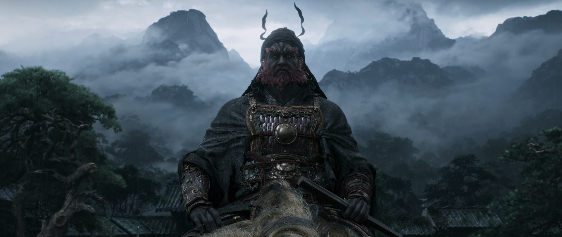 HD PC desktop wallpaper/background from the video game Black Myth: Zhong Kui — horned, armored Zhong Kui astride a steed before mist-shrouded mountain peaks.