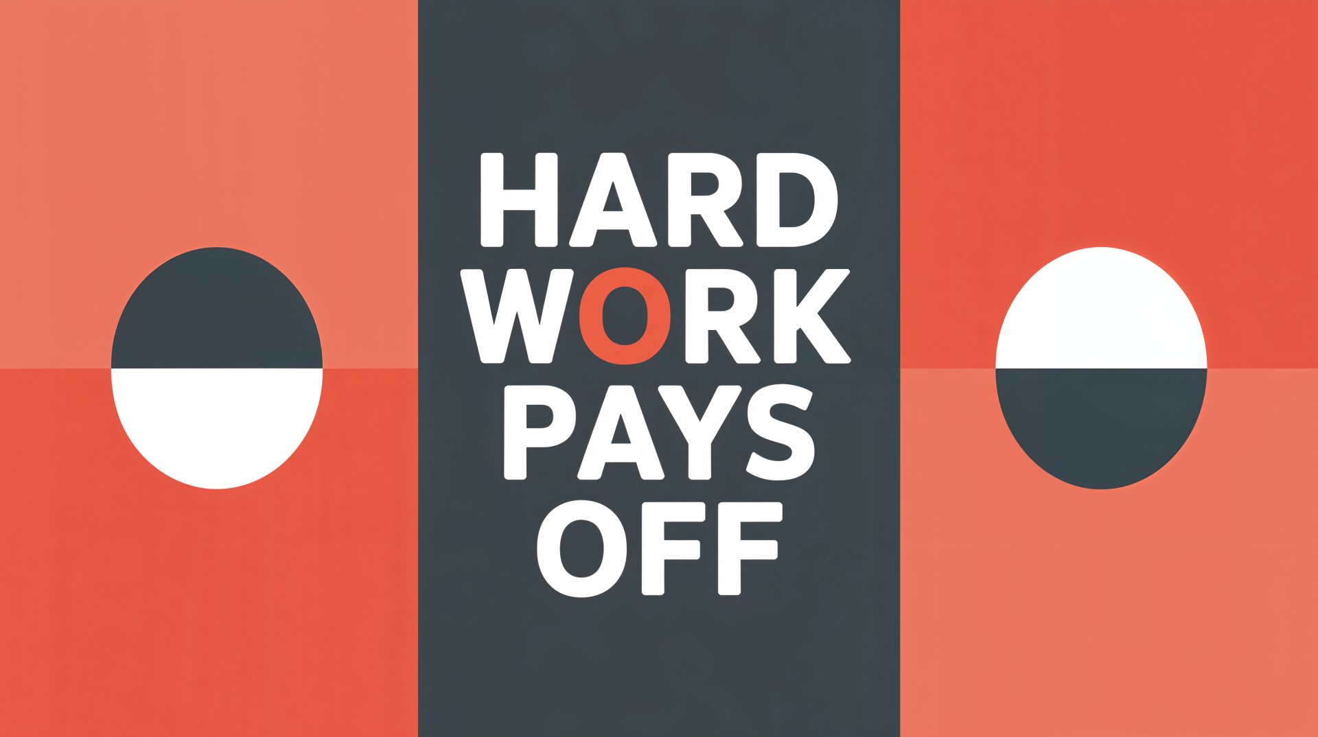 4K Ultra HD PC desktop wallpaper: bold centered text HARD WORK PAYS OFF on a dark vertical panel with an orange O, flanked by orange side panels and black/white semicircles.