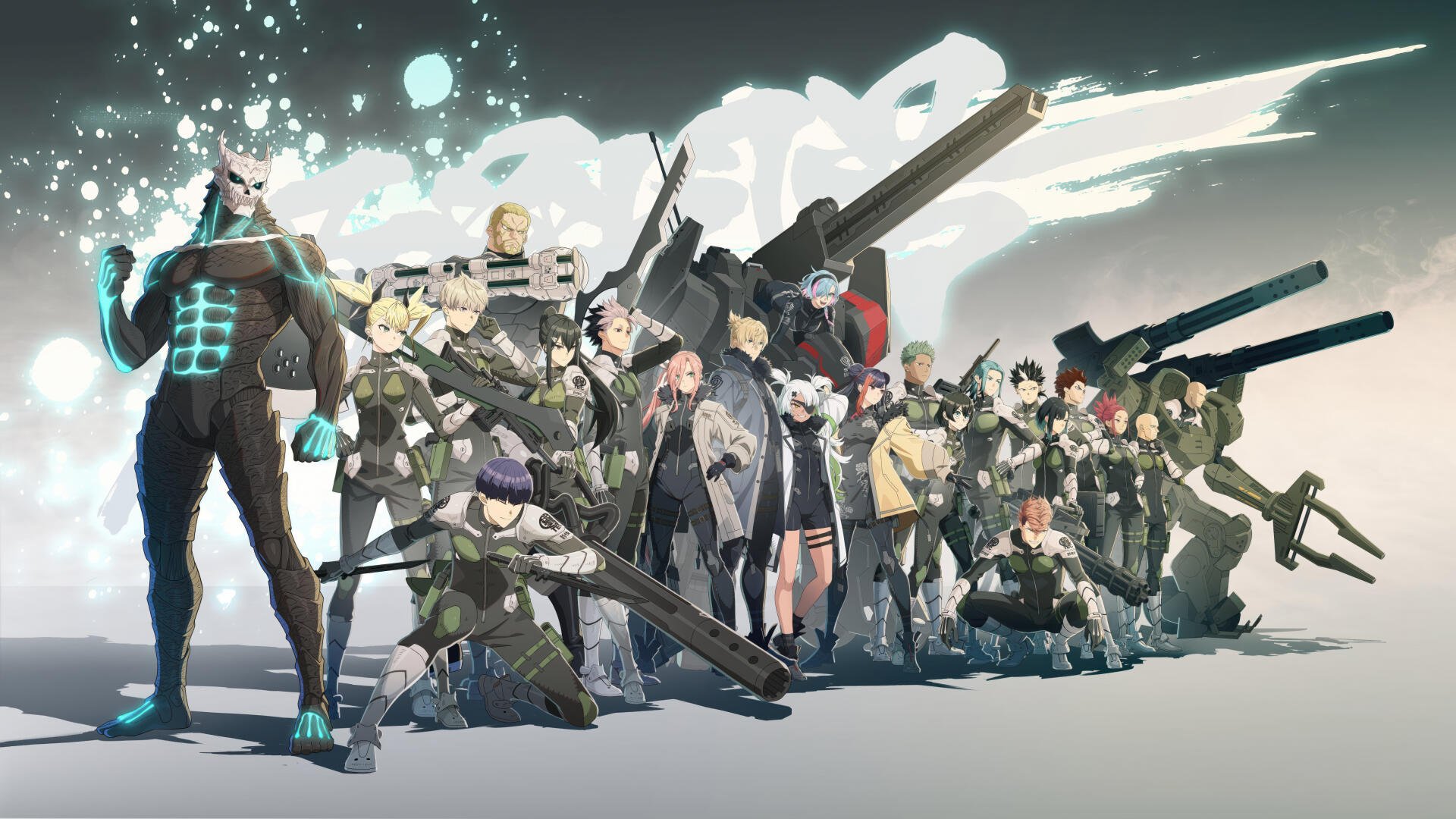 Kaiju No. 8 ensemble in a dramatic sci‑fi lineup, armed and glowing amid energy effects — high-detail 4K Ultra HD PC desktop wallpaper background.