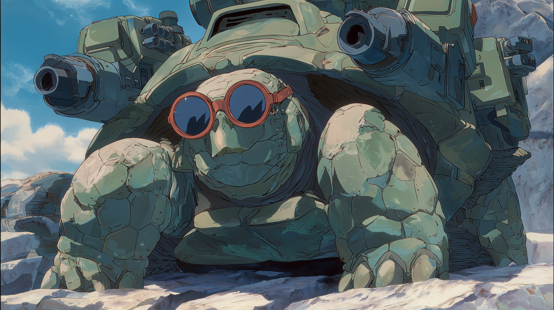 Anime-style animal tortoise with armored, rocky shell wearing round red sunglasses, rendered as 4K Ultra HD PC desktop wallpaper and background.