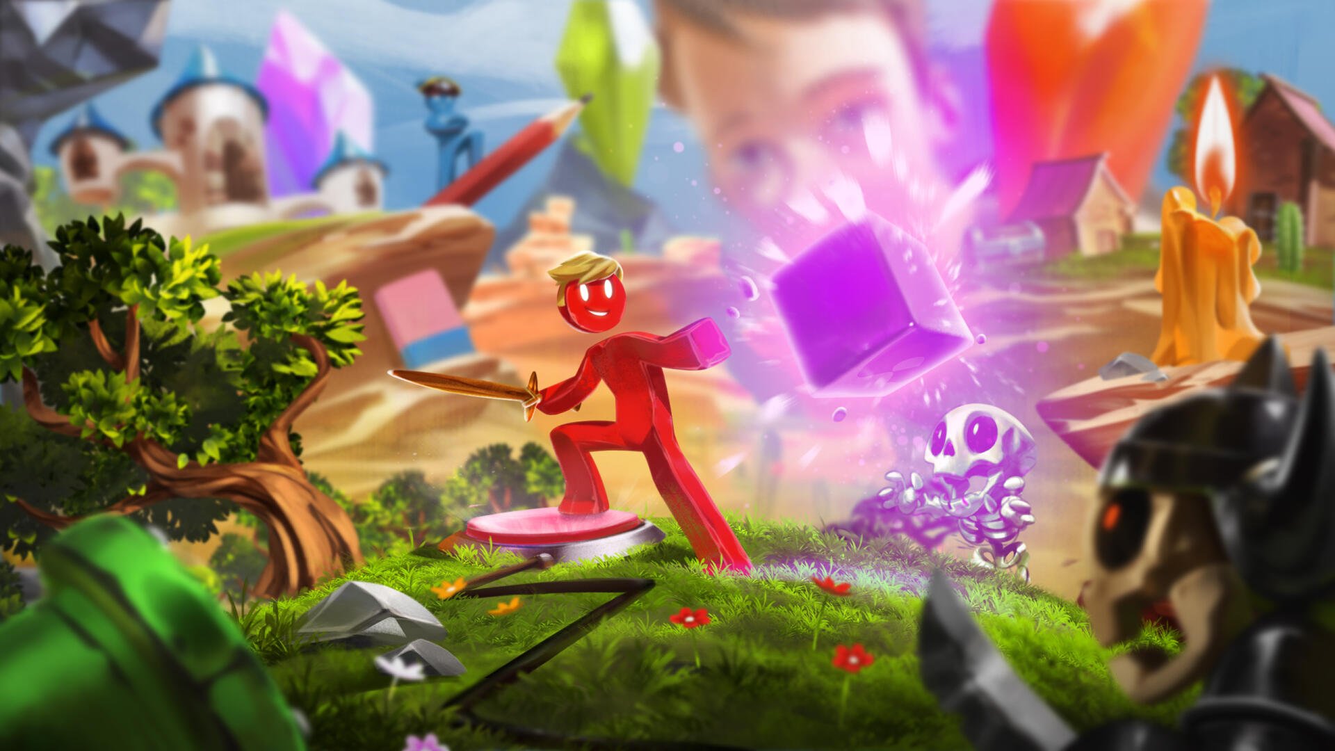 HD PC desktop wallpaper and background for the video game Supraworld: colorful adventure scene with a red character, glowing purple cube, crystals and whimsical creatures.