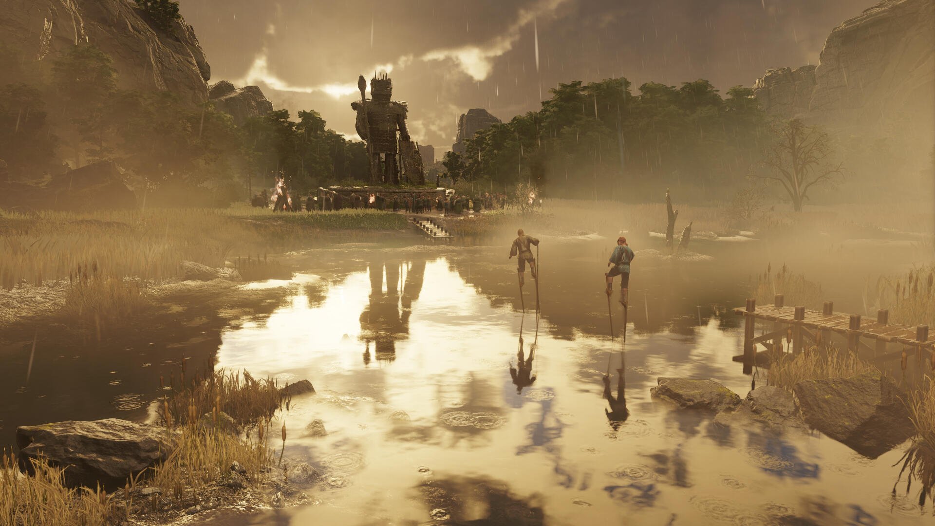 4K Ultra HD PC desktop wallpaper from the video game Anno 117: Pax Romana — misty riverbank at dawn with two figures wading, ruined statue silhouette and golden reflective water.