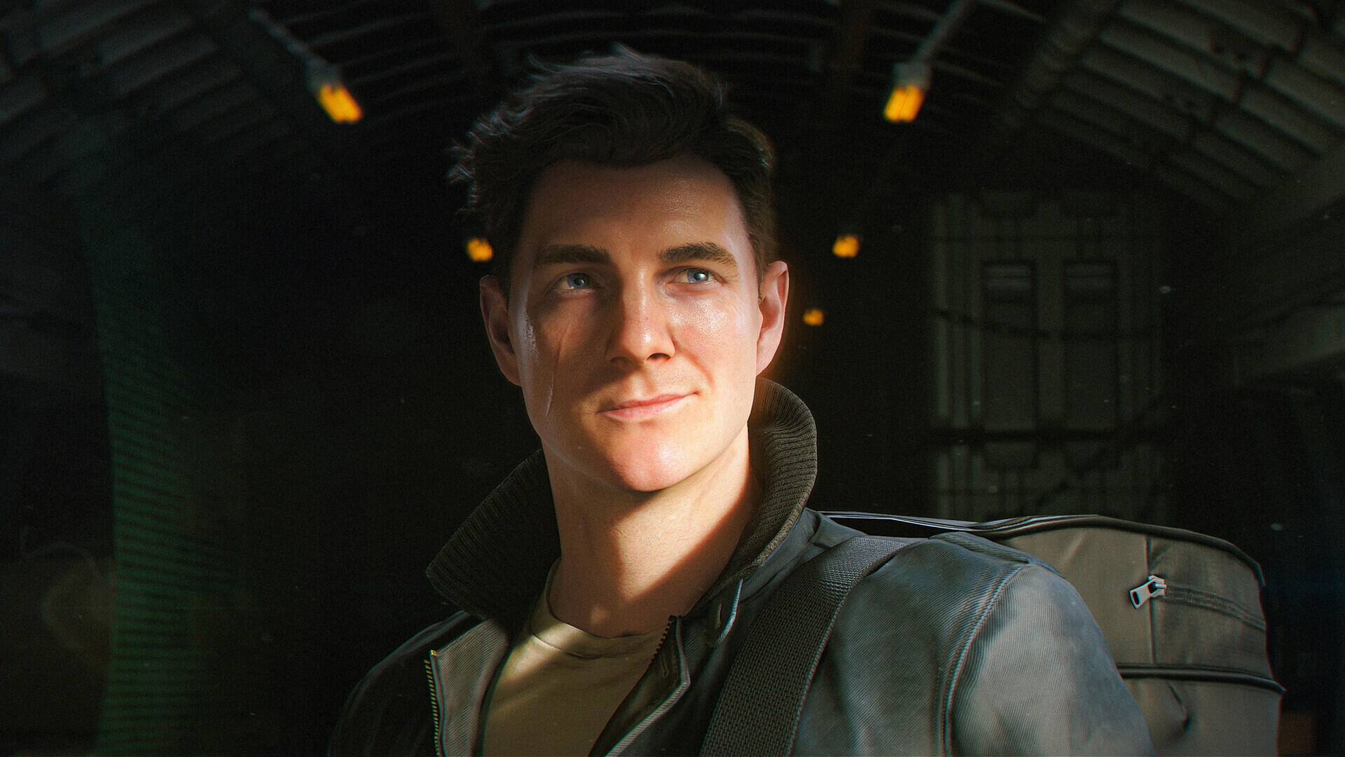 HD PC desktop wallpaper and background: male agent from the video game 007 First Light, smiling inside a dim military aircraft interior.
