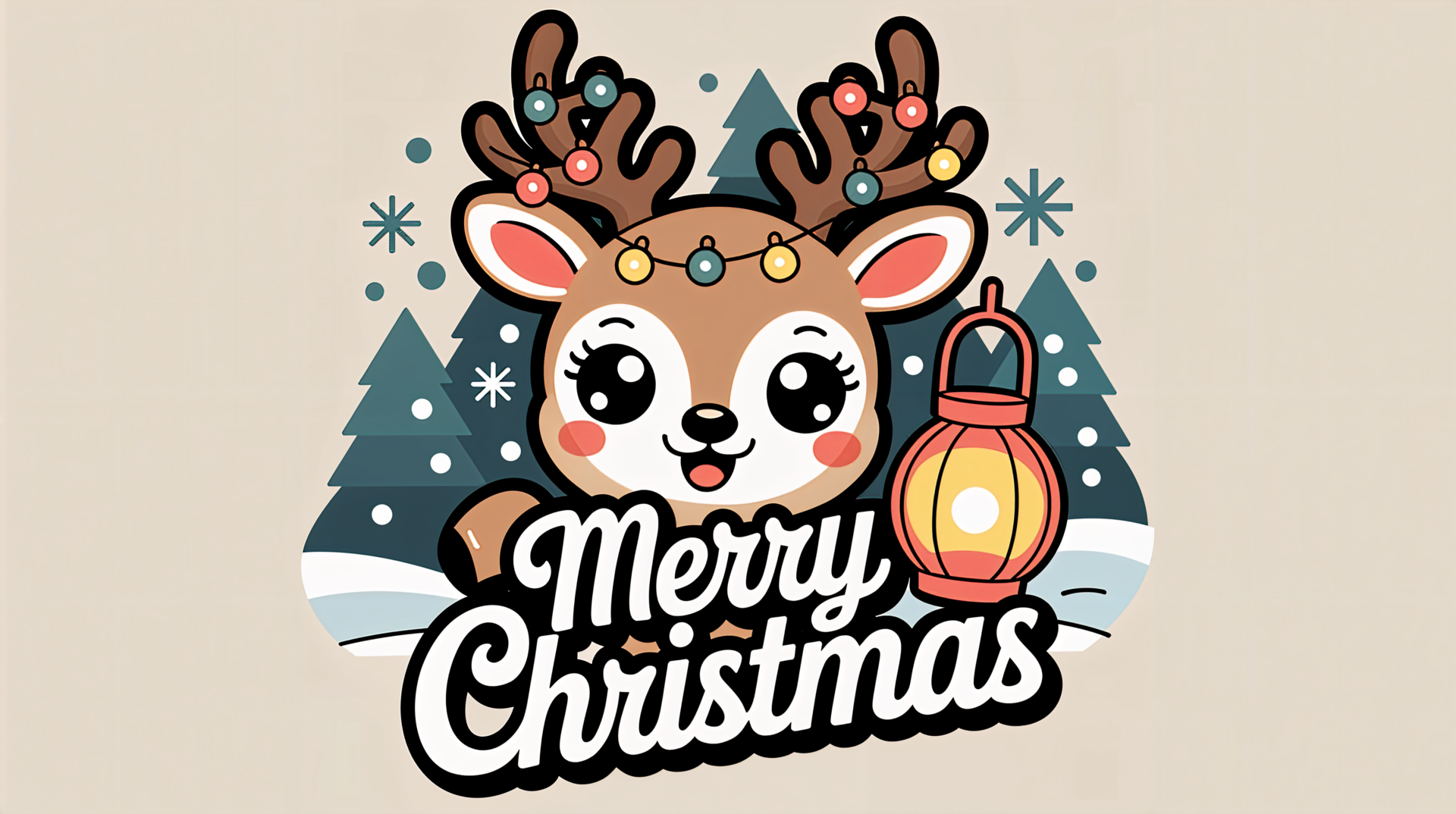 Cute Christmas 4K Ultra HD PC wallpaper: smiling cartoon reindeer with string lights and a lantern in front of snowy pine trees, with bold Merry Christmas lettering.