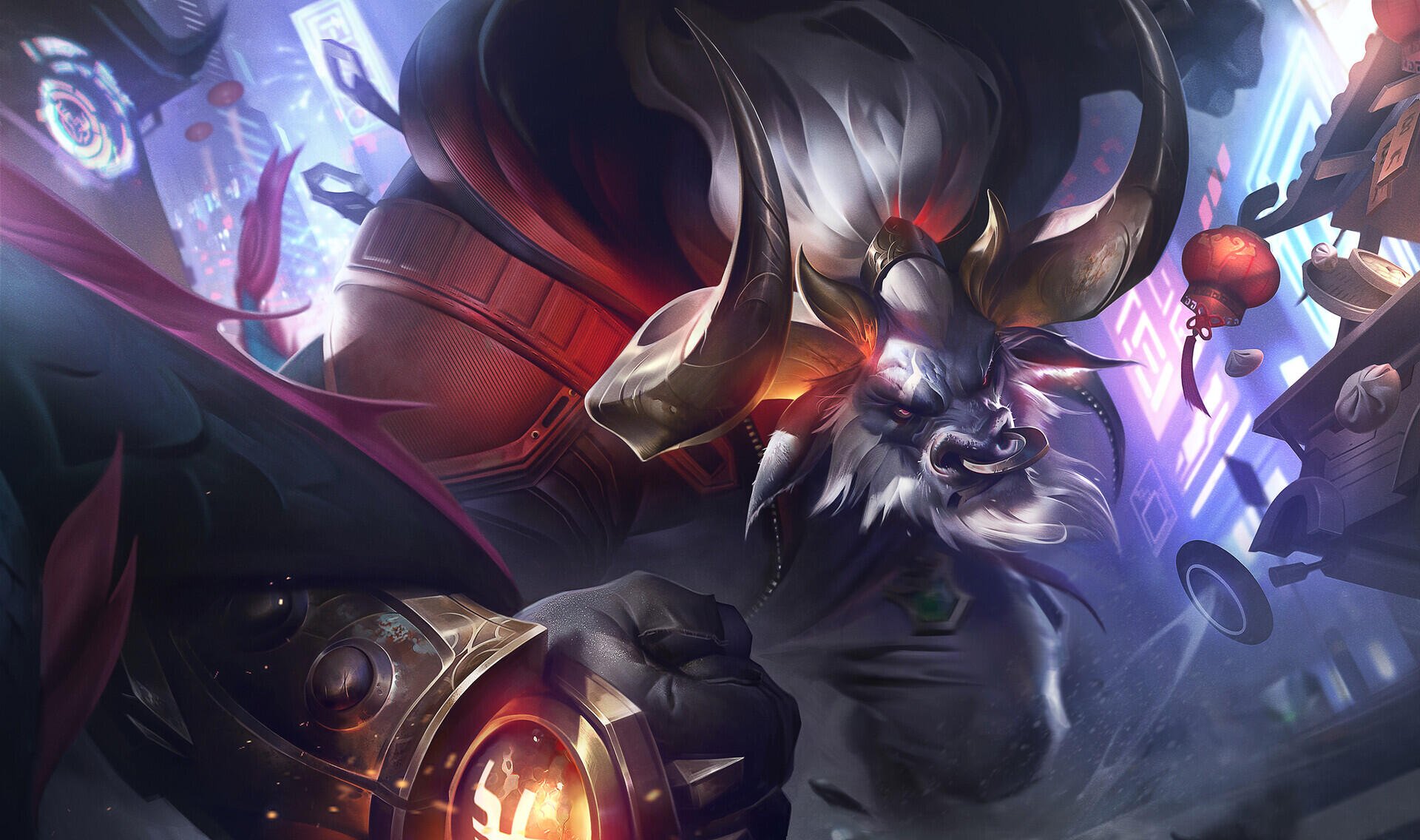 Alistar (League of Legends) roaring, armored horned minotaur with glowing gauntlet and red cloak amid blue magic and motion—dynamic HD PC desktop wallpaper.
