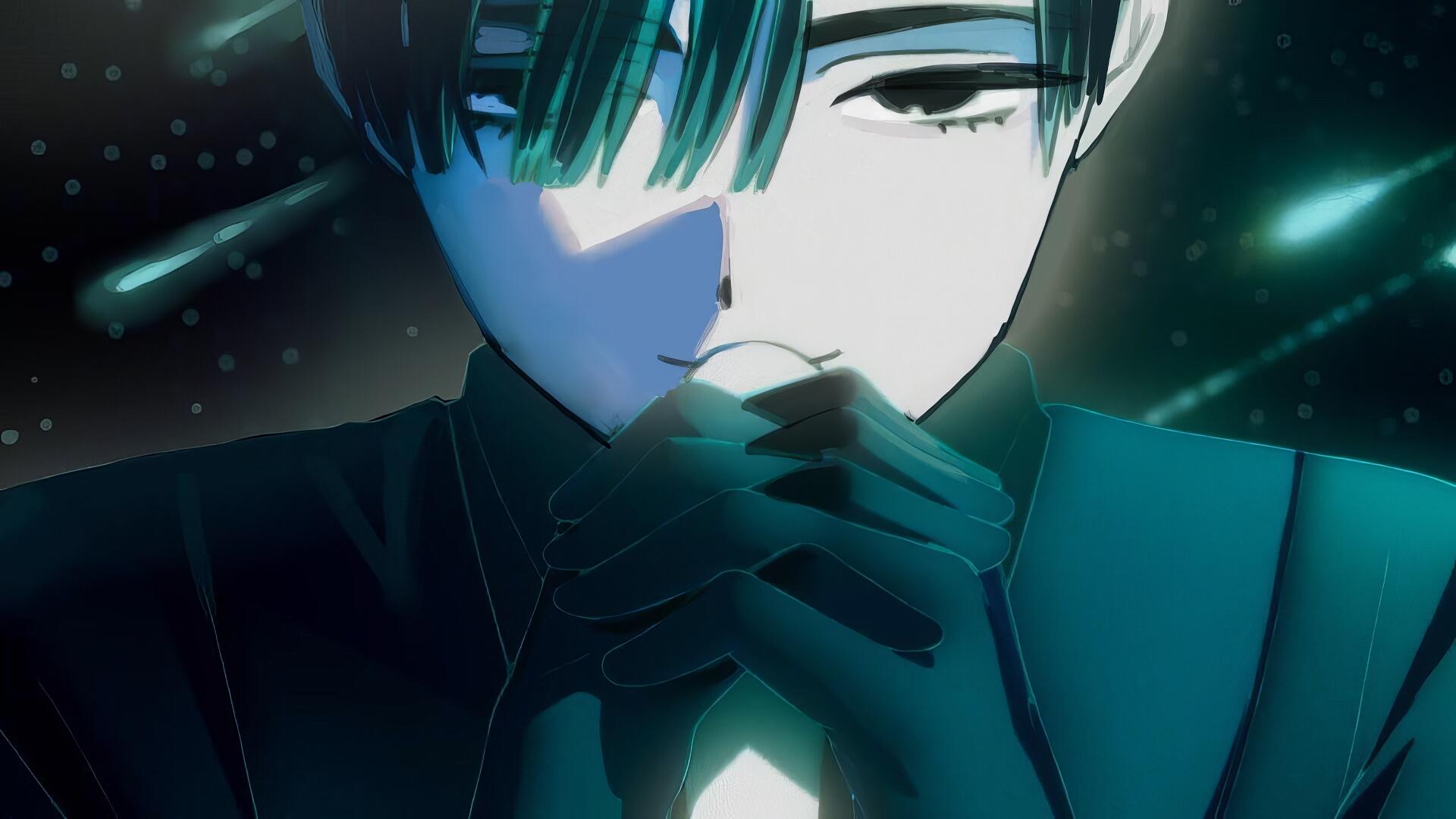 Close-up of Ivan from Alien Stage: teal-lit, contemplative figure with gloved hands near his mouth against a starry, alien stage backdrop — HD PC desktop wallpaper/background.