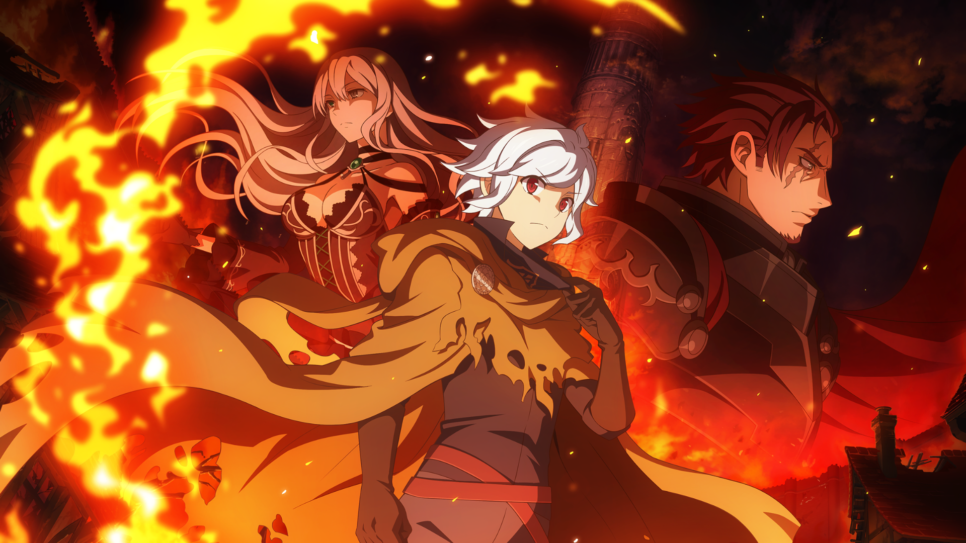 HD PC desktop wallpaper of Bell Cranel with Alfia and a brooding ally, posed amid roaring flames — artwork from Is It Wrong to Try to Pick Up Girls in a Dungeon?