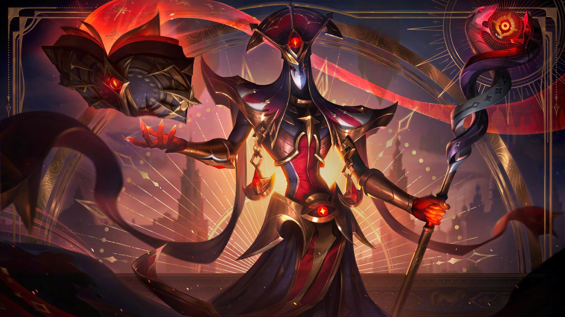 8K Ultra HD video game wallpaper: League of Legends' Karthus in red armor, wielding a glowing staff as spectral ribbons and embers swirl around him.