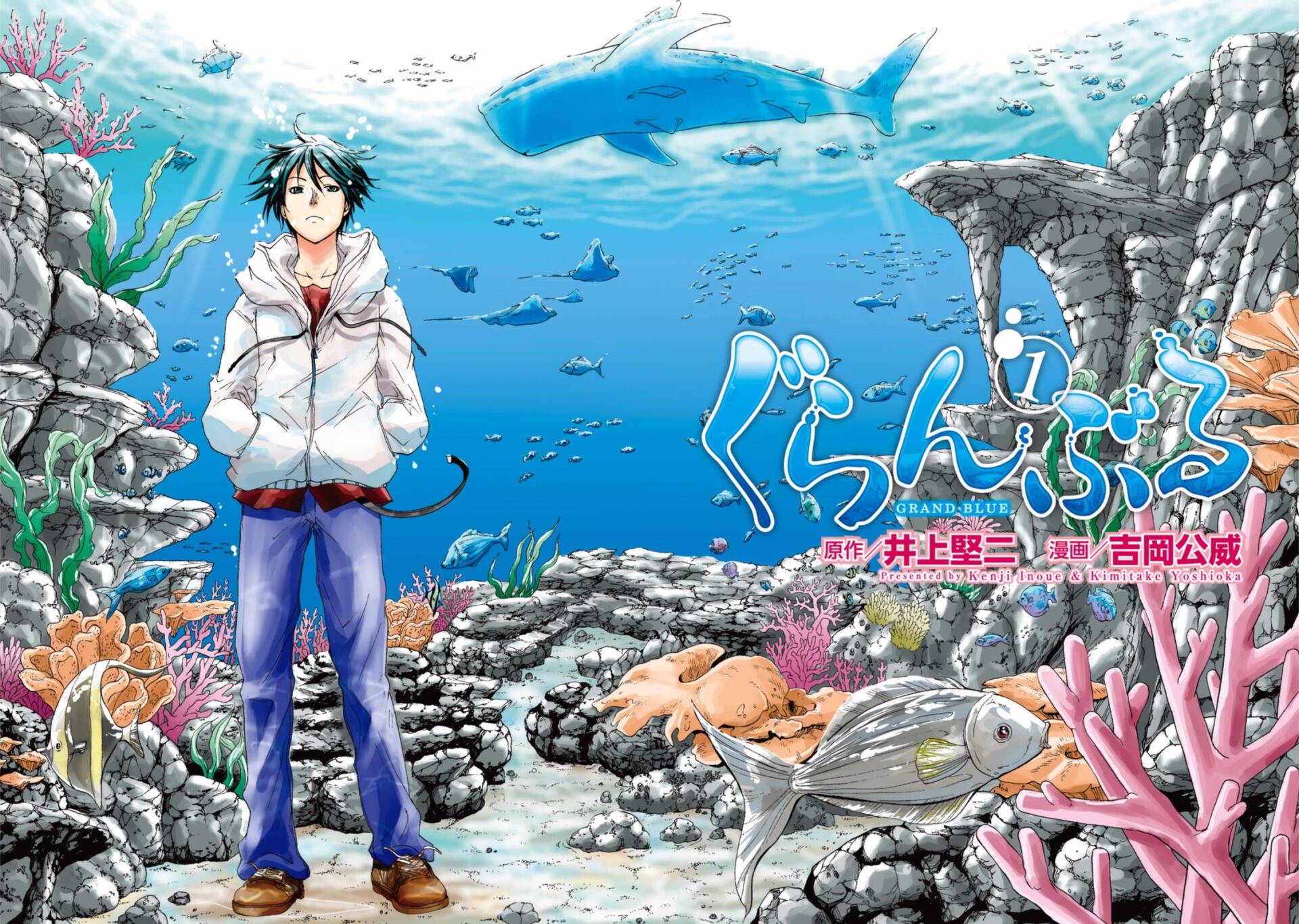 HD anime desktop wallpaper: Iori Kitahara from Grand Blue standing on an underwater rocky seabed, surrounded by colorful coral, fish, and a whale silhouetted in blue water.