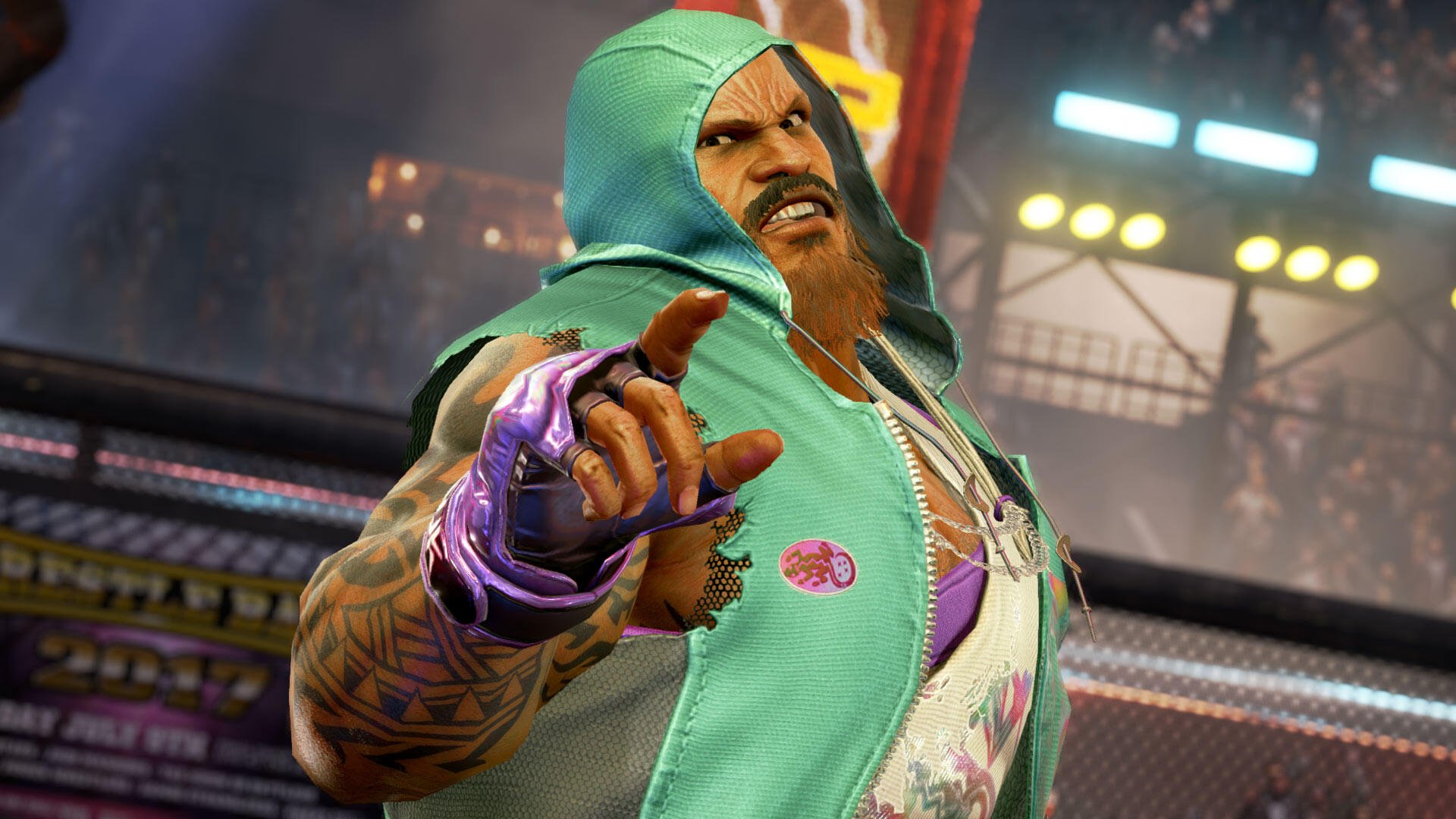 HD PC desktop wallpaper: Tekken 7 video game fighter Craig Marduk in a green hooded vest, snarling and pointing in a lit arena background.