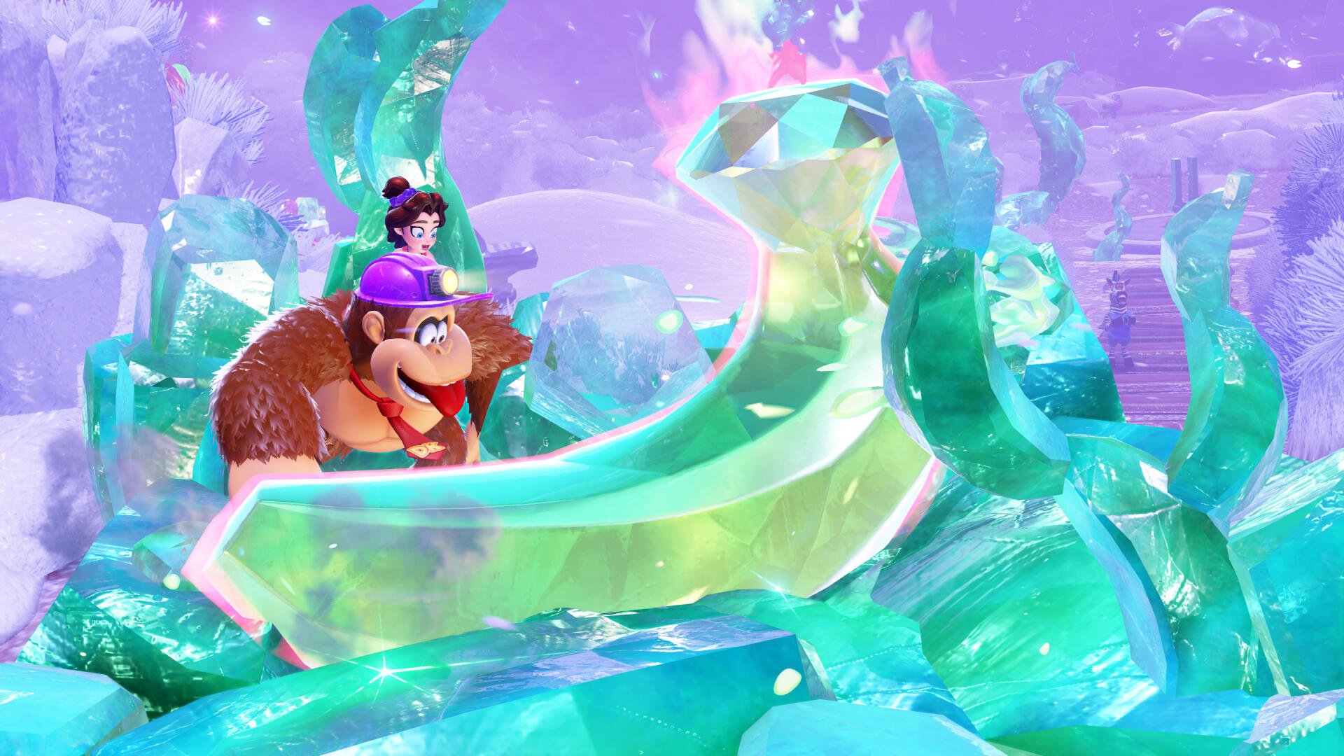 Donkey Kong Bananza HD PC desktop wallpaper: Donkey Kong and Diddy Kong ride a translucent crystal slide through a sparkling purple and turquoise crystalline landscape.