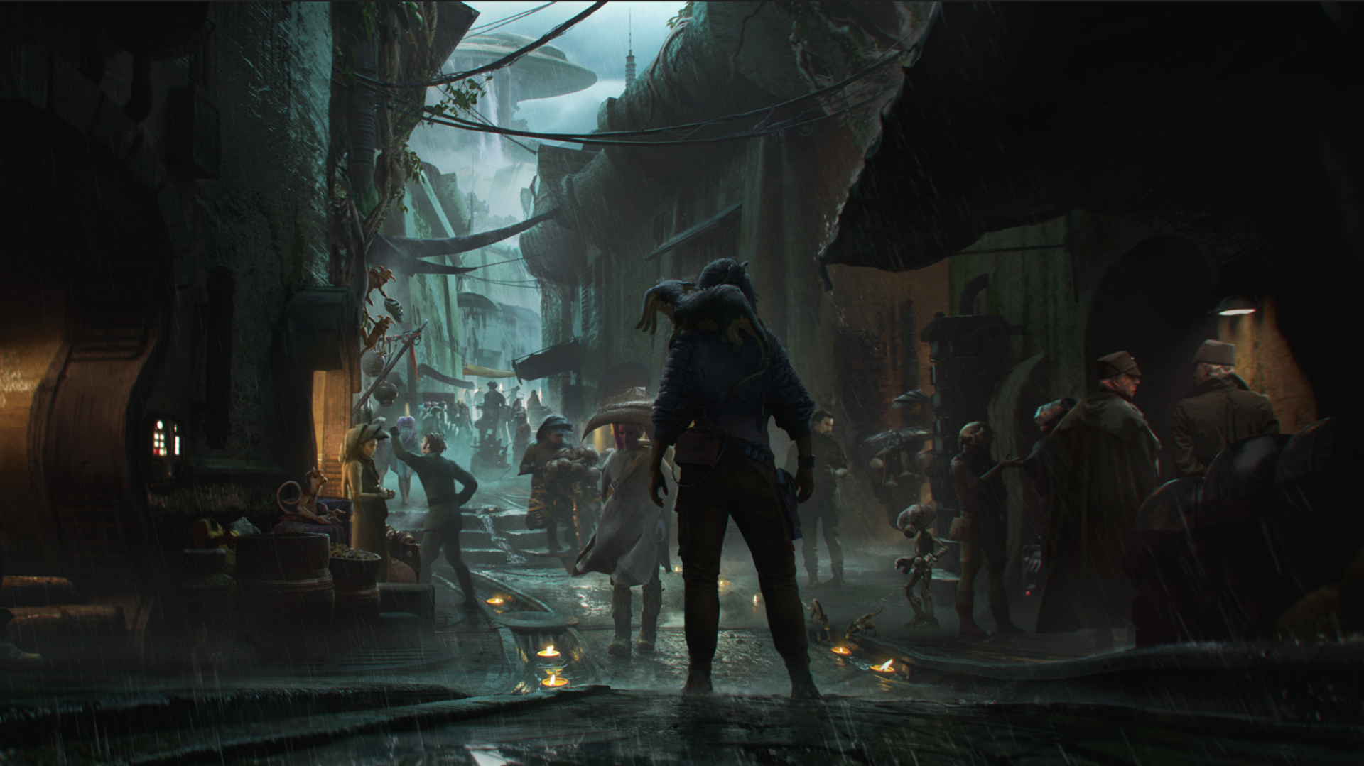 HD PC desktop wallpaper from the video game Star Wars Outlaws: Kay Vess stands in a rain-soaked town alley, silhouetted against neon-lit stalls and crowds, puddles reflecting the moody scene.